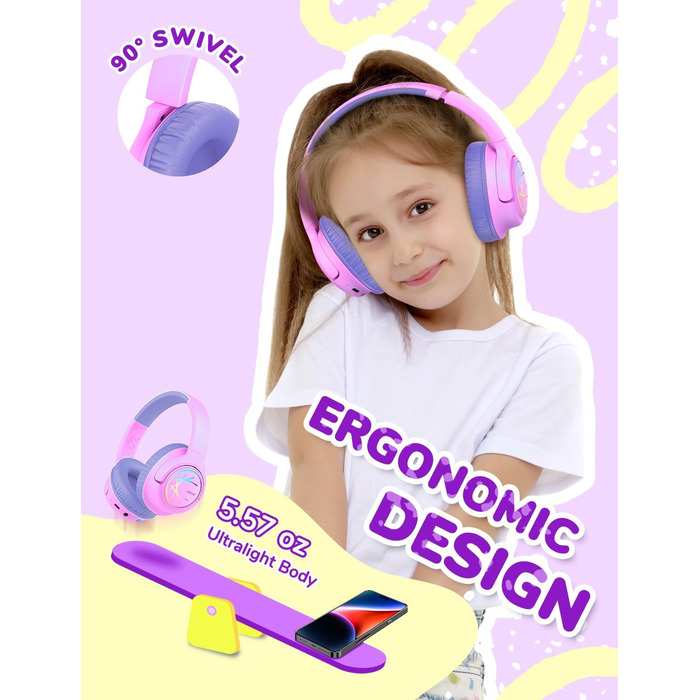 iClever Бездротові навушники для дітей з LED-підсвіткою, обмеження гучності 74/85 дБ, 43 години роботи, стереозвук, Type-C, AUX-кабель, Bluetooth 5.3, для планшетів/подорожей, рожево-фіолетові