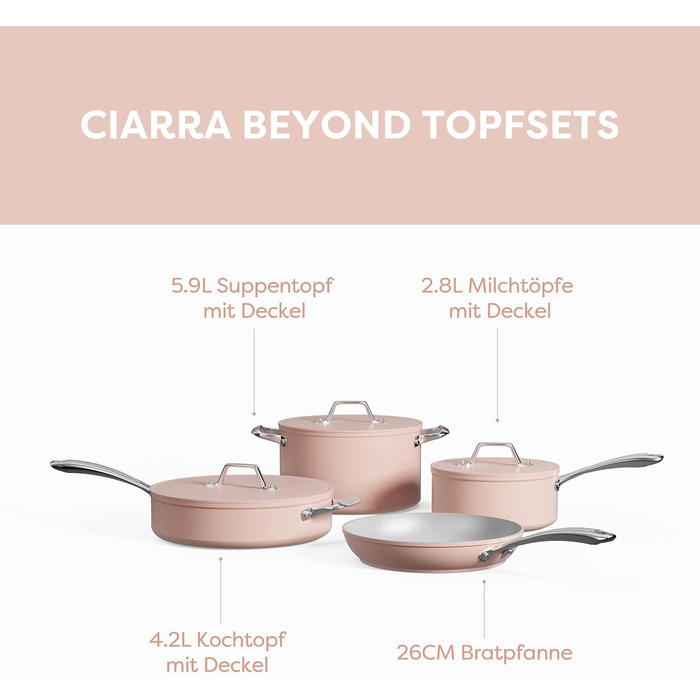 Набір посуду Ciarra Beyond Induktion (4 шт.): каструлі, сковороди з керамічним покриттям, рожевий (CBCWSP7)