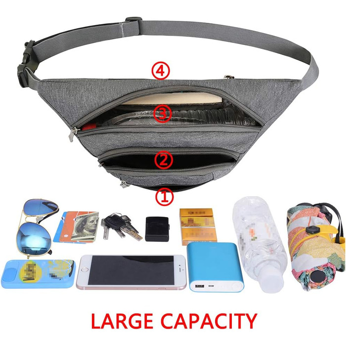 Водонепроникна поясна сумка на пояс для жінок та чоловіків, 3 кишені на блискавці, для походів, активного відпочинку, спорту, подорожей, гаманець для грошей (Світло-сірий)