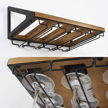 Стильна полиця для вина Jackcube MK478A з дерева в рустикальному стилі, настінна, з 4 металевими тримачами для келихів, декор для кухні, органайзер для зберігання