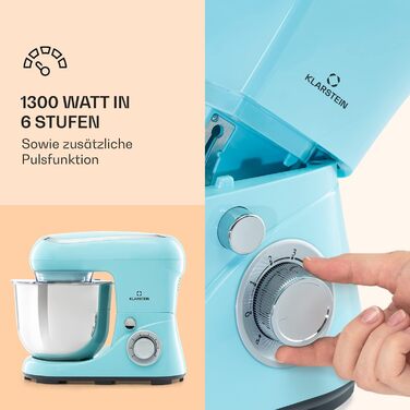 Klarstein 1300W Stand Mixer - Kitchen Machine for Baking, 6-Speed, 5L Bowl, Planetary Mixer with Dough Hook, Whisk & Beater - Turquoise