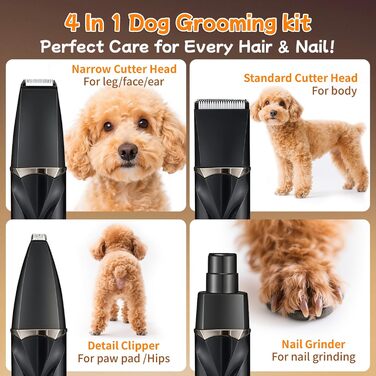 Набір для стрижки собак 4 в 1 Ninonly: тиха, акумуляторна машинка для собак та котів з 4 насадками для тіла, лап, очей та вух. Тример для лап. Чорний колір.