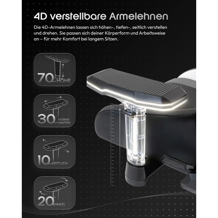 Ігровий крісло Dowinx з 4D підлокітниками, функцією гойдання 15° та регулюванням спинки до 165°, масажний, ергономічний, дизайн у стилі гоночного авто, для геймерів, Esport, вантажопідйомність 135 кг, сірий