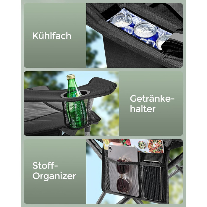 Кемпінговий стілець SONGMICS зі склянкою, для риболовлі, з м'якою спинкою, до 205 кг, чорний