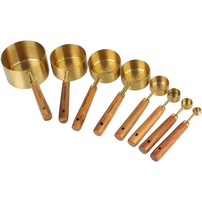 Measuring cups and spoons with wooden handles, 8-piece set, coffee bar scale, kitchen accessories (Gold)
