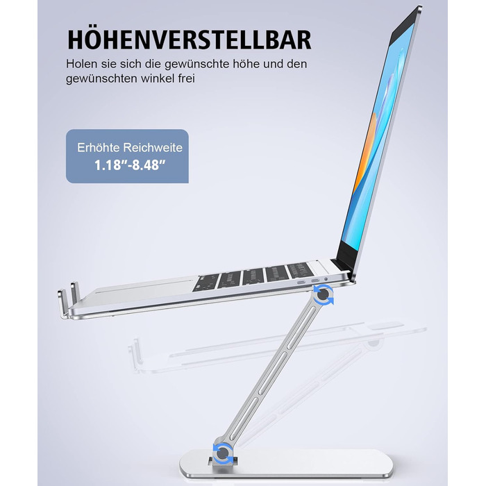 Підставка для ноутбука Glangeh, регульована по висоті, ергономічна, портативна, для столу, складана, з алюмінію, сумісна з MacBook Air/Pro (10–16 дюймів), срібна