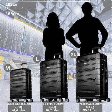 Валіза NOWI Rhodos – 3-секційний набір, жорсткий корпус ABS, кодовий замок, 4 колеса, розширювана, 360° обертання, легка та міцна. Розміри: M, L, XL (Чорний, SET)