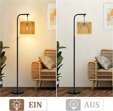 Торшер Rattan Boho - Стильний торшер для вітальні E27 164 см, чорний, з ножним вимикачем. Торшер в спальню, на терасу, в офіс, циліндричний абажур