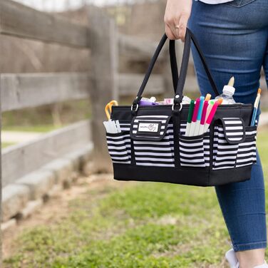 Everything Mary Blaugruner, geometric deluxe store and tote bag, organizer for crafts, sewing, paper, art, desk, canvas, accessories, storage with handles for travel (black and white stripes)