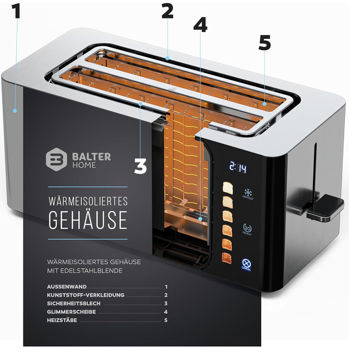 Тостер Balter 4 Scheiben з сенсорним керуванням, нержавіюча сталь, підставка для булочок, LCD дисплей, функція підігріву, центрування хліба, TS-34 (Ts-44-silber)