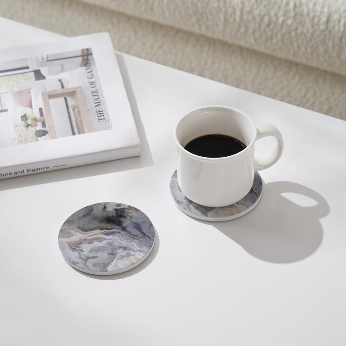 6-Piece Abstract Dark Blue Marble Coasters with Holder, Absorbent Ceramic Coasters for Drinks, Coasters with Cork Back for Table Protection, Housewarming Gifts