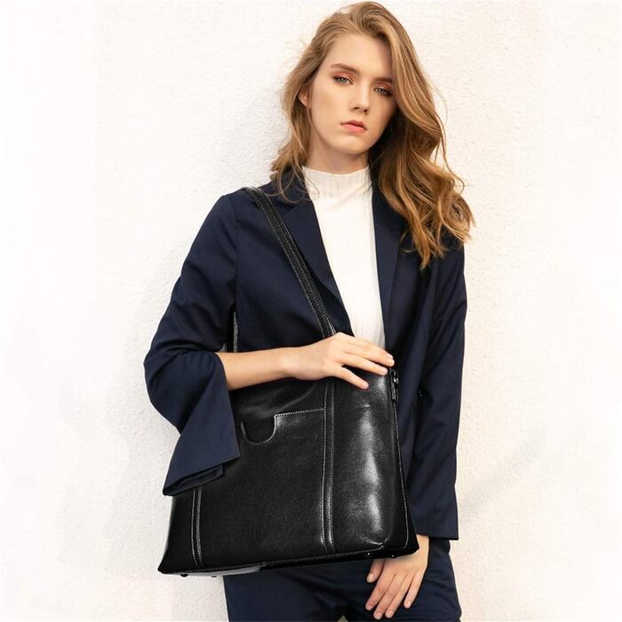 Сумка жіноча S-ZONE 3 в 1 з натуральної шкіри: шопер, сумка через плече, для ноутбука, робоча (Чорна)