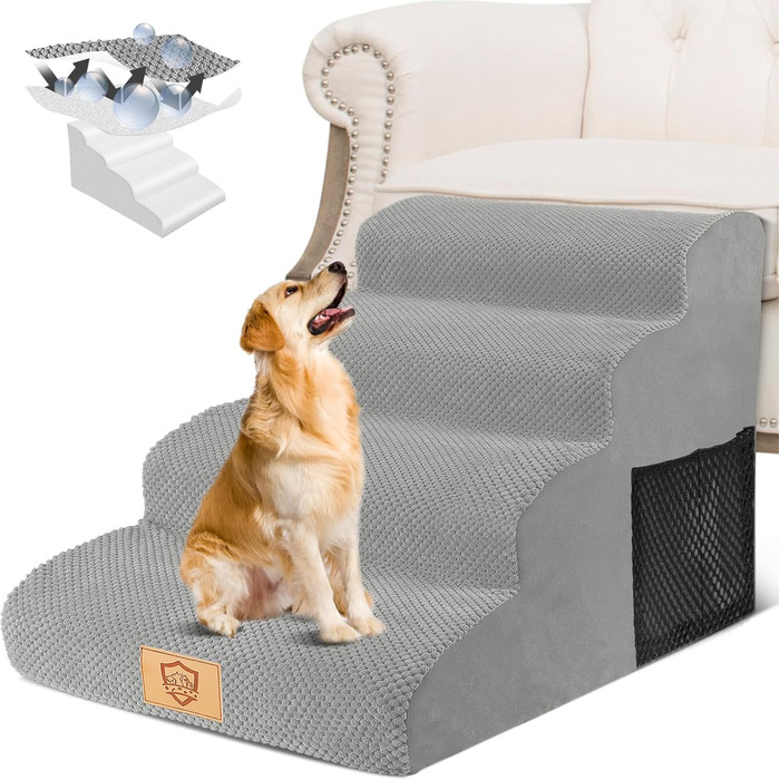4-Step Dog Stairs, 50cm High Sponge Pet Stairs for Dogs and Cats, Non-Slip Pet Ladder Cat Stairs with Washable Cover for Sofa Bed, Grey