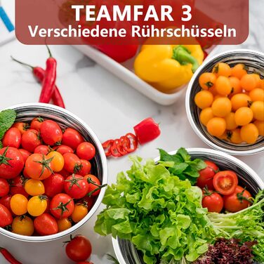 Набір мисок TEAMFAR з нержавіючої сталі, 3 шт. з кришкою, 4.5L/2.5L/1.5L, для приготування їжі, випічки та сервірування, миюча посудомийна машина, кольорові