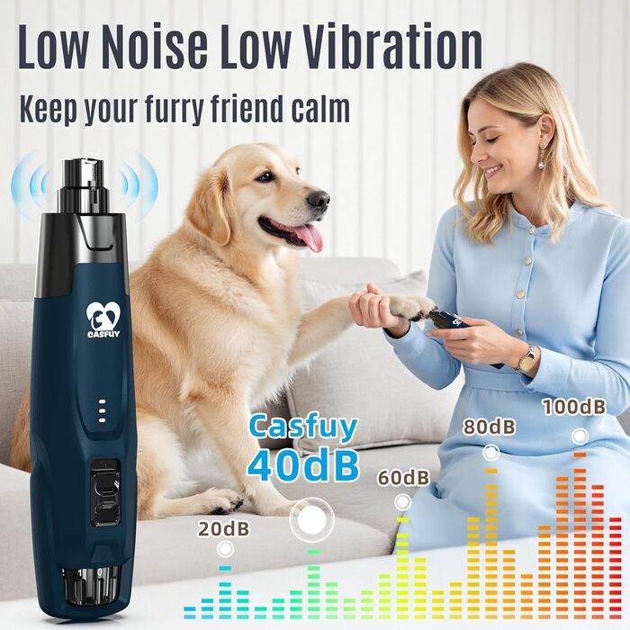 Електричний точило для собачих кігтів Casfuy Neue 6-Gang – 2 LED, тиха робота, 7 годин, для собак та котів, великих, середніх та малих порід, темно-синій