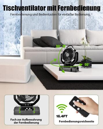 Портативний вентилятор для кемпінгу з акумулятором 10000mAh, LED-ліхтар, 270° обертання, USB-зарядка, для намету, відпочинку на природі, риболовлі, офісу (Чорний)