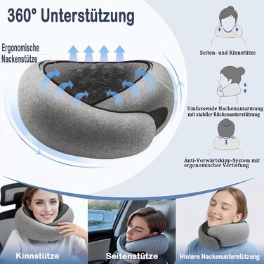 Подушка для шиї з регульованою капюшоном та 360° підтримкою шиї | Ергономічна подушка з піною з пам'яті для подорожей (літак, авто) | З чохлом для подорожей та берушами | Дихаюча та пральна (світло-сіра)