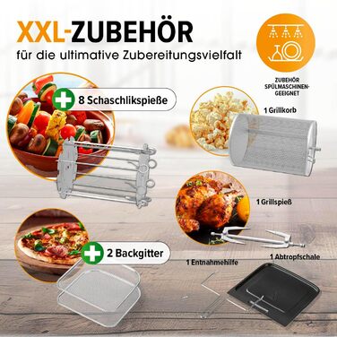 GOURMETmaxx Hot Air Fryer 12 L Airfryer | Deep Fryer with 9 Functions, Touch Display, Rotating & Skewer Spits | 10 Programs incl. Pizza | Mini Oven 1700 W – virtually without oil, matte black, 12 liters