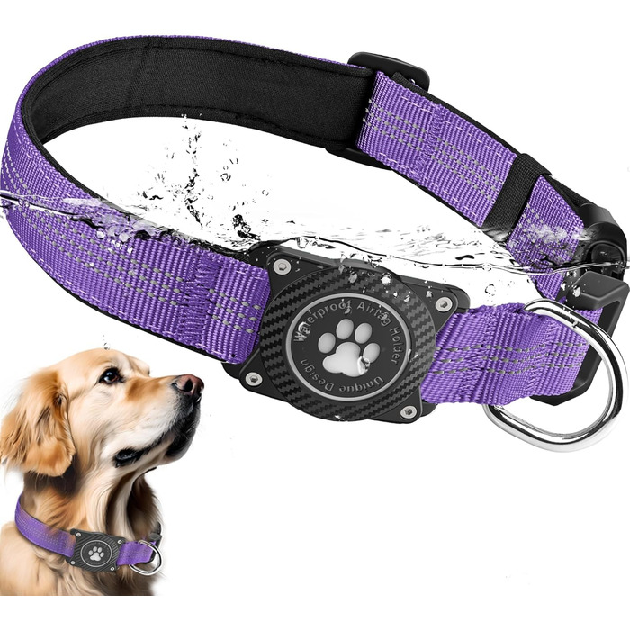 Світловідбиваючий нашийник для Apple AirTag для собак, регульований, водонепроникний, для малих, середніх та великих собак, L (32-43.5 см), фіолетовий