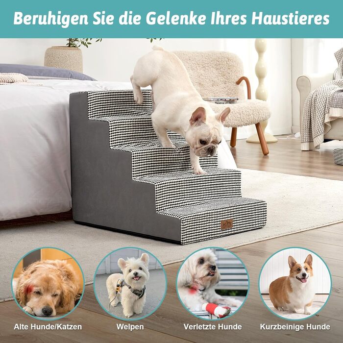 COZY KISS Dog Stairs for Small Dogs, Wide Steps Pet Stairs for Bed Couch Car, 60cm High High-Density Foam Cat Stairs with Removable Cover (7x0x60cm, ) (Black & White, 5, 75x50x60cm)