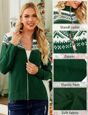 Жіночий святковий кардиган Sykooria з блискавкою та стоячим коміром. Теплий в'язаний светр з довгими рукавами для святкування Різдва. Розмір XL, колір Зелений B