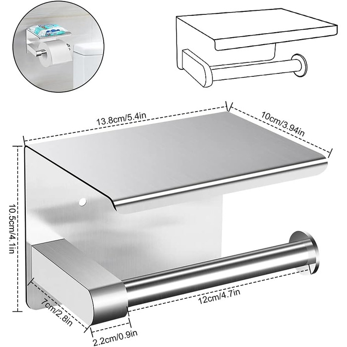 Тримач туалетного паперу ASOFTY без свердління з полицею, нержавіюча сталь, для ванної кімнати та кухні