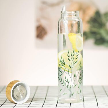 Glass Water Bottle 1L - Glass Water Bottle with Bamboo Lid 1 Liter (Green Leaves 1liter, 1000ml)