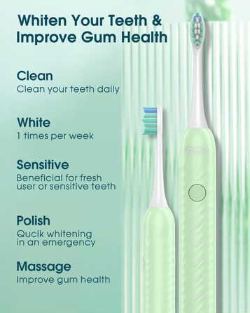 Електрична зубна щітка для дорослих з 6 насадками, акумуляторна звукова, 180 днів роботи, світло-зелена