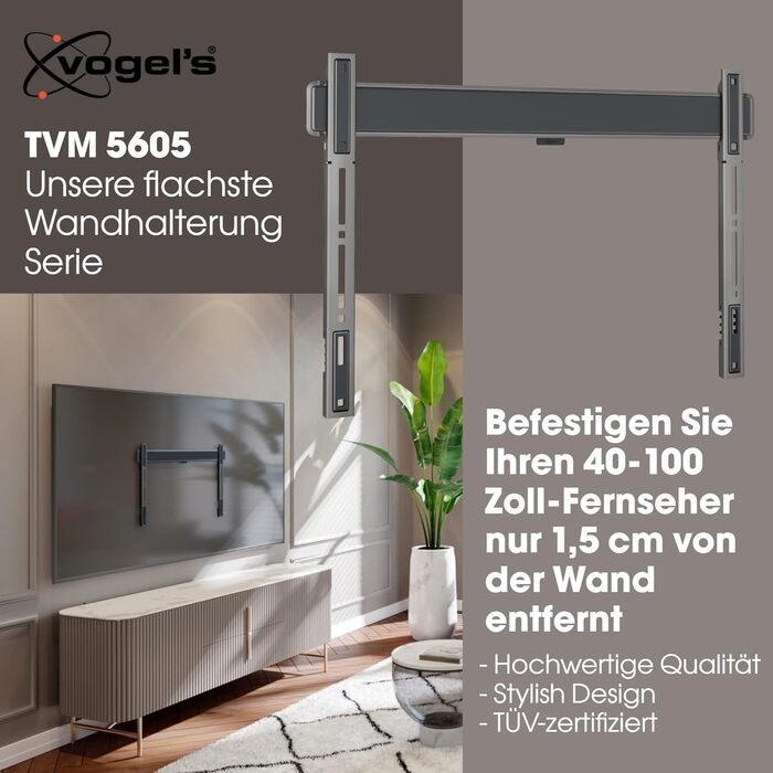 Vogel's Elite TVM 5605 Ultra-Slim TV Wall Mount for 40-100 Inch TVs - 100kg Capacity, VESA 600x400, Universal Compatibility, 1.5cm Profile