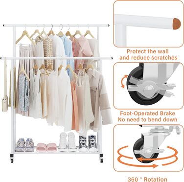Clothes Rack with Double Rod, Rolling Clothes Rack, Portable Clothes Rack for Bedroom, Living Room, Clothing Store, (White)
