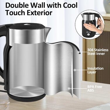 Navie Mobi Stainless Steel Electric Kettle - 1.8L, 2200W Fast Boil, BPA Free, Double Wall, Drip-Free, Auto Shutoff, Quiet & Cordless, SGS Certified, Turquoise Green (Black)