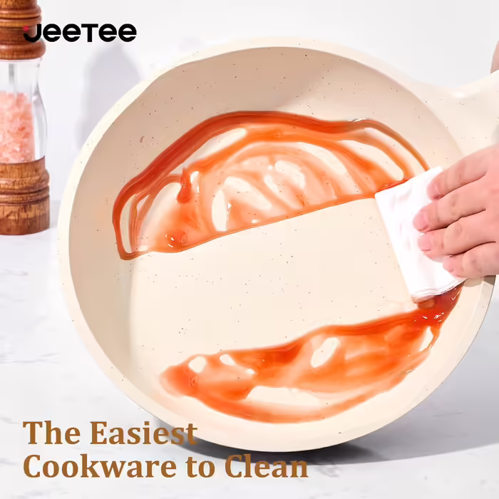 JEETEE Ceramic Cookware Set, 15-Piece, Non-Stick Granite Cookware Set, Slope Design, Induction Cookware Set, Cookware Set with Lid, Frying Pan, Saucepan, Stockpot, PFOS/PFOA Free, Grey