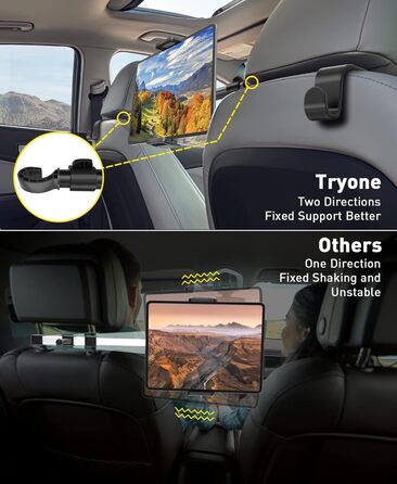 Автотримач для планшета TRYONE, універсальний, регульований, для підголівника, 4,7-12,9 дюймів, з 2 гачками, чорний, сумісний з iPad, Samsung Galaxy Tab, Switch, смартфонами