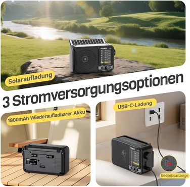 Радіоприймач PRUNUS J-25S FM/AM/SW: Портативне радіо на сонячній батареї з акумулятором 1800mAh, великий динамік, чудовий прийом, просте радіо для літніх людей