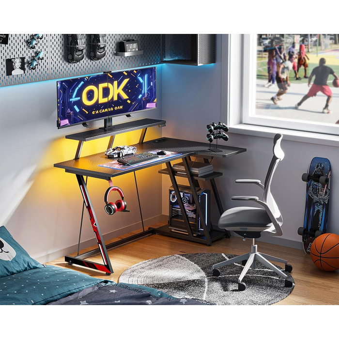 LED Gaming Desk with Power Outlets - L-Shaped PC Gaming Table with Monitor Stand & Storage - Carbon Fiber Black (120cm)