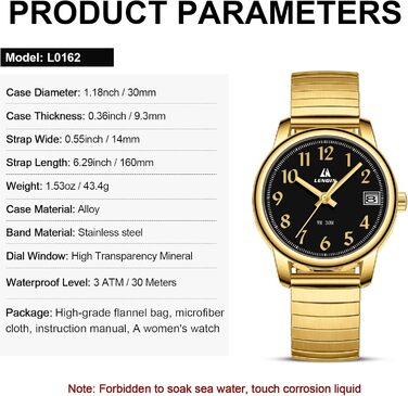 Жіночий годинник LN LENQIN: Водонепроникні годинники для жінок з нержавіючої сталі, кварцовий механізм, регульований ремінець (Золотий/Чорний)