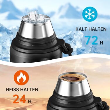 Термос Healter Thermoskanne 1л з чашкою (72 год холод, 24 год гаряче) - термофляга для кави, чаю, термокружка з знімним дном та фільтром, для подорожей, офісу та школи (зелений/чорний)