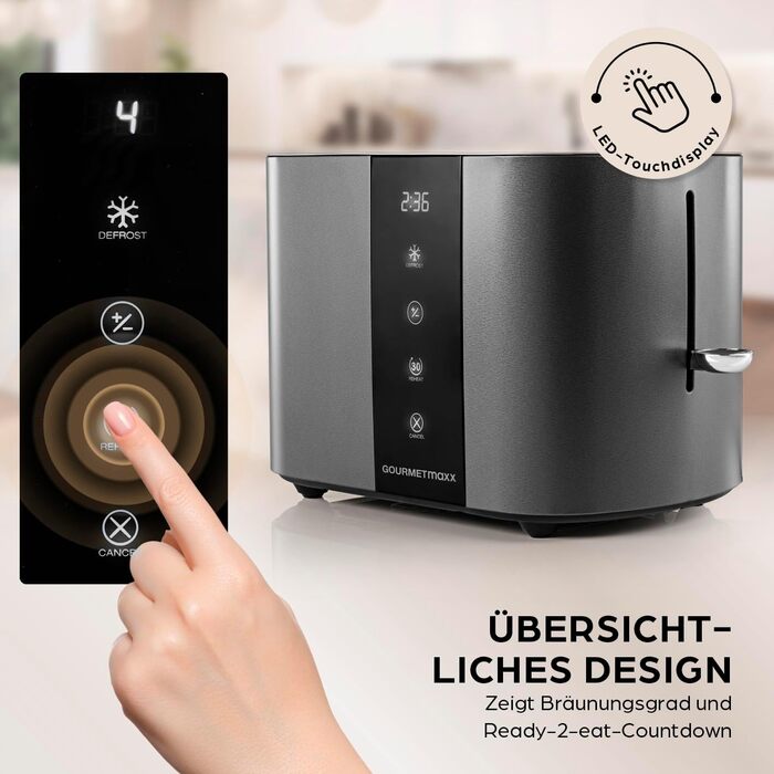 Тостер GOURMETmaxx Kurzschlitz для 2 тостів | Антрацитовий колір, 6 рівнів підсмажування, таймер, підставка для бургерів, функція підігріву | Електричний тостер з сенсорним дисплеєм
