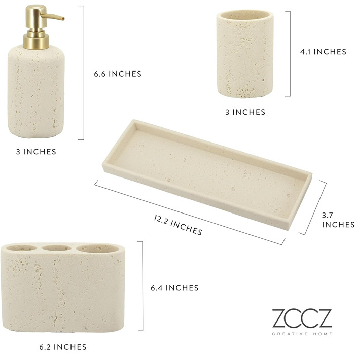 ZCCZ 4-Piece Bathroom Accessory Set, Black, with Soap Dispenser, Toothbrush Holder, Bathroom Cup, and Vanity Tray, Decorative Countertop Organizer (Beige 4pcs)