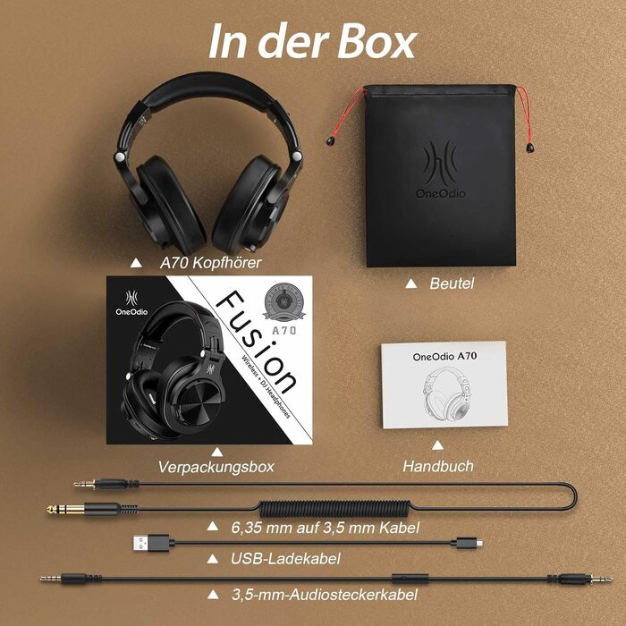 OneOdio Bluetooth навушники Over-Ear, 72 год HiFi Stereo, бездротові, з 6.35mm та 3.5mm аудіоджеком для студії, DJ, телефону, ПК, підсилювача - Чорний