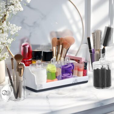 BHeadCat Marble Bathroom Organizer and Storage with 3 Qtip Holders and Drain, Toothbrush Holder for Bathroom, Countertop, Organizer, Cosmetic Organizer