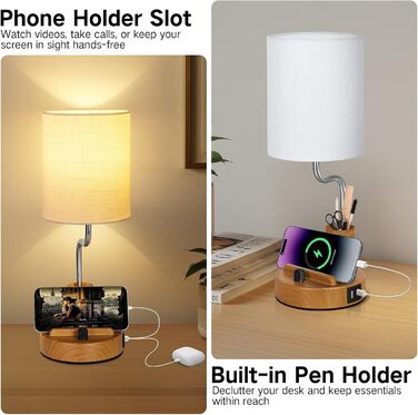 Настільна лампа LED OUTON 2 шт. з USB-A та USB-C, торшери для спальні, вітальні, офісу, з тримачем для телефону та ручок, кераміка, тепле світло 2700K