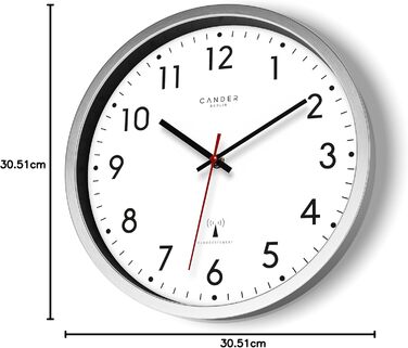 Cander Berlin MNU 3030 Wall Clock White Aluminum Silent 30.5 cm Analog Quiet Radio Clock