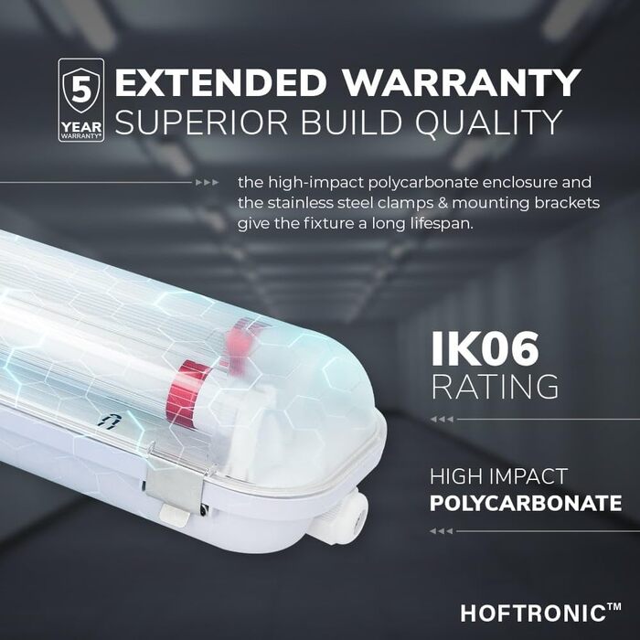 HOFTRONIC LED Damp-Proof Light 150cm 6000K Cold White 60W 10500lm 175lm/W Flicker-Free Linkable T8 Workshop Lamp IP65 Waterproof Basin Light Double for Garage Basement Office