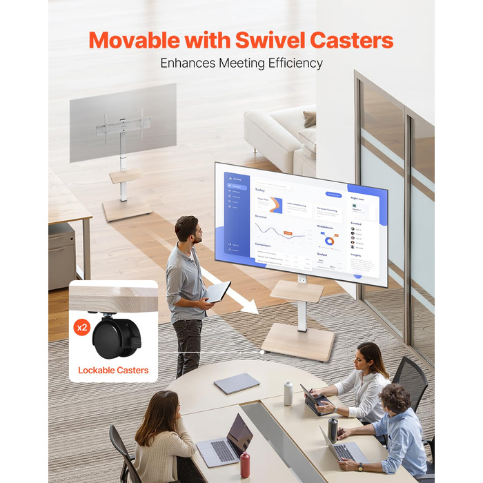 Підставка для телевізора VEVOR на роликах, регульована по висоті, поворотна (25°), з полицею, для телевізорів 81-178 см (до 40 кг), для спальні/вітальні