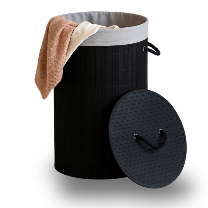 Великий круглий бамбуковий кошик для білизни з кришкою, 60 л, чорний