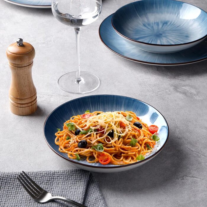 Тарілки для пасти NUTRIUPS 20.5 см, 6 шт. Керамічні тарілки для супу 500 мл, 8 дюймів, мікрохвильова та посудомийна машини, блакитні, набір