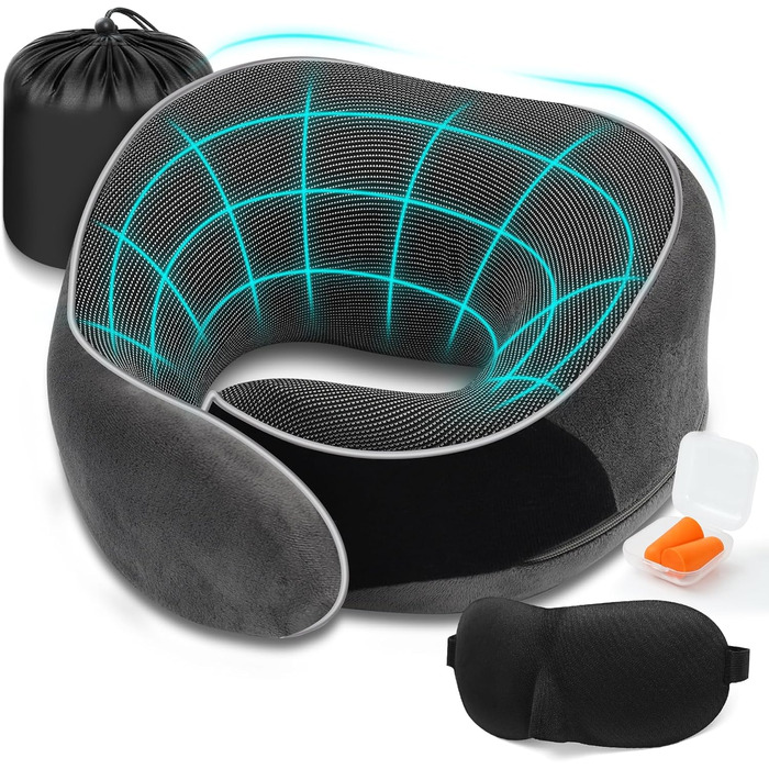 Подушка для шиї у літак, Memory Foam, для дорослих, ергономічна підтримка шиї з 3D-маскою для сну, навушниками, сумкою - ідеальна для літака, авто, дому, офісу, подушка для сну (Сірий)