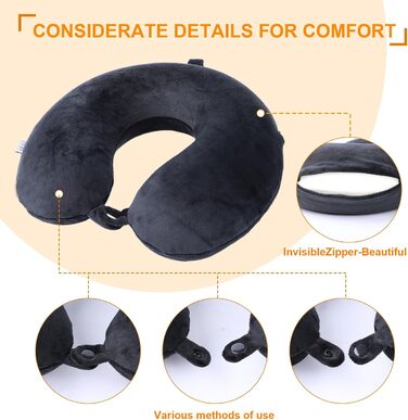 Подушка для шиї, 100% Memory Foam, U-подібна, чорна - для подорожей, авто, дому, офісу