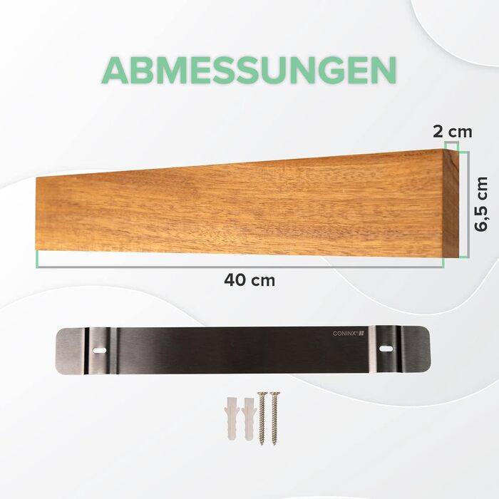 Coninx Magnetic Knife Strip Wood 40cm | Kitchen Knife, Magnetic Knife Holder with Extra Strong Magnet | Magnetic Knife Block, Stainless Steel Cladded Acacia Wood | Magnetic Strip Wall Mounting